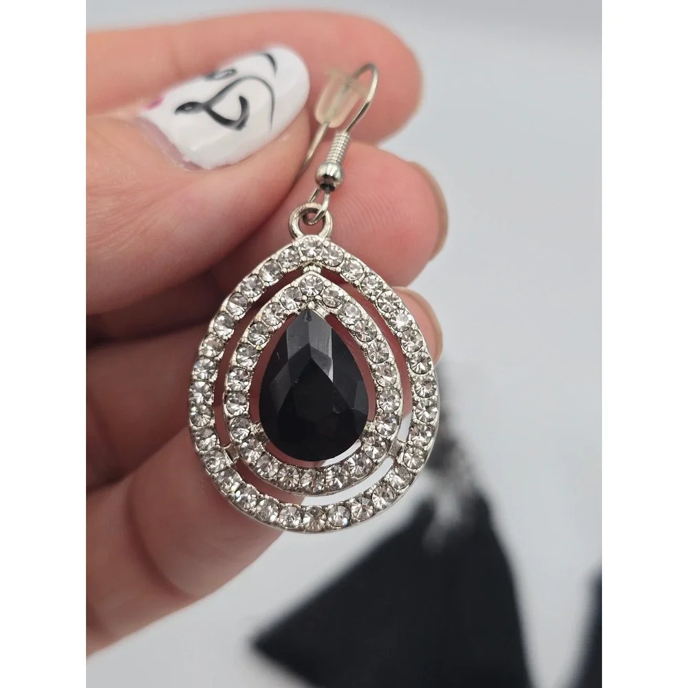 Statement‎ Earring Set Women OS Black Silver Good Tassel Rhinestone 3PC